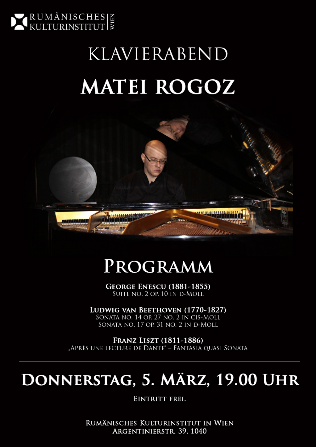 Pianistul Matei Rogoz in recital la Institutul Cultural Roman de la Viena