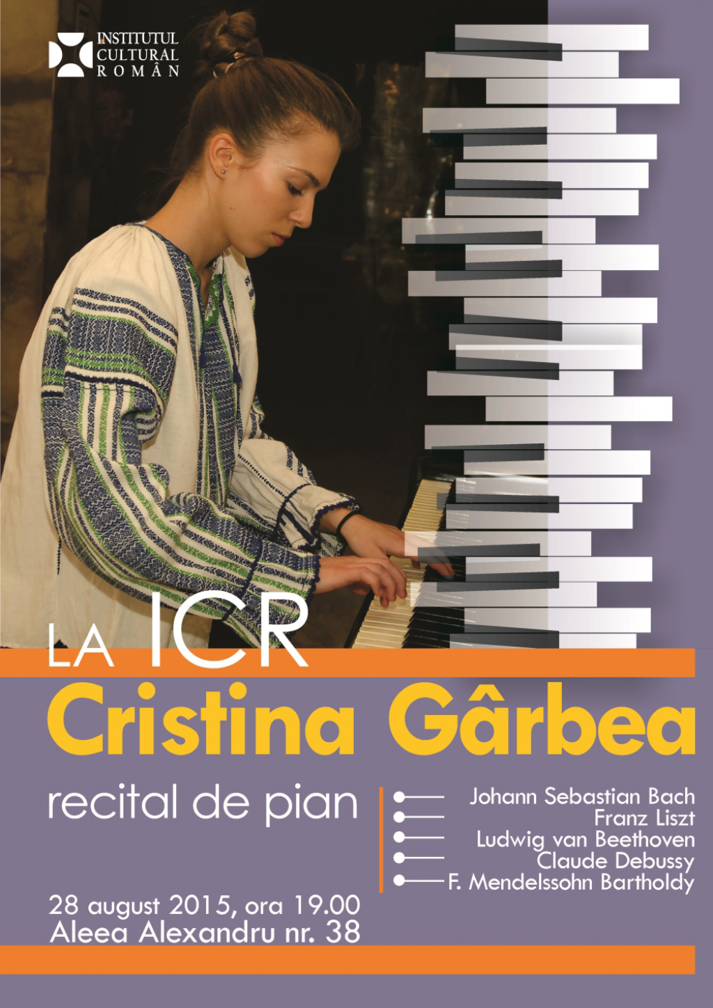 Recital de pian la Institutul Cultural Roman - Bach, Beethoven, Liszt, Mendelssohn si Debussy, in interpretarea Cristinei Garbea
