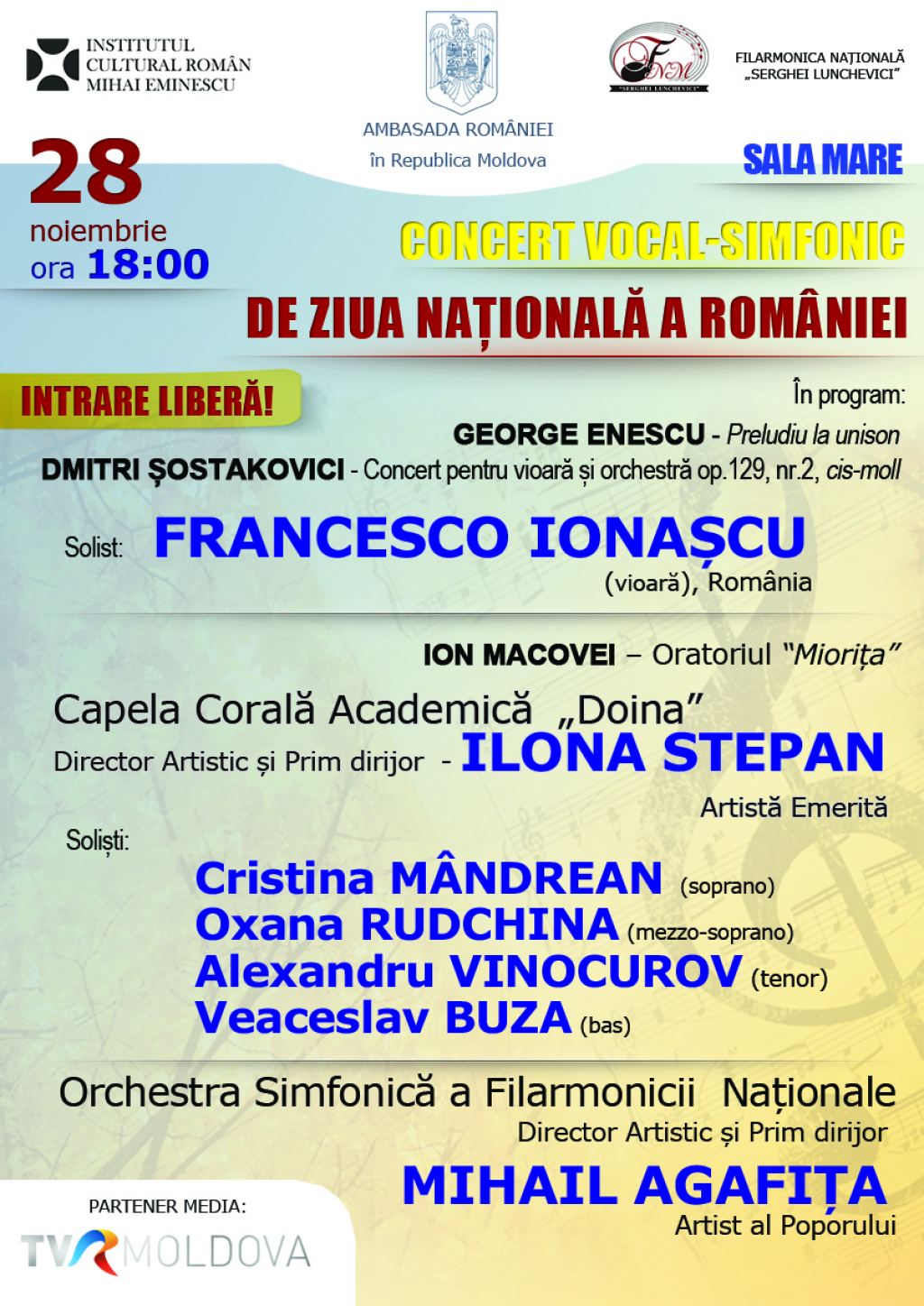 Concert de Ziua Nationala a Romaniei, la Filarmonica Nationala Serghei Lunchievici din Chisinau
