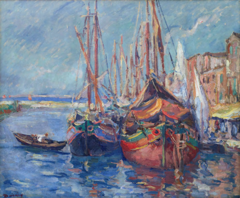 Nicolae Darascu - Barche [bragozzi] nel porto [di VeneziaChioggia?]